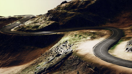 Curving road meanders through rugged terrain as the sun sets, casting warm colors across the hills. The scene showcases natures beauty amidst the serene atmosphere.の写真素材