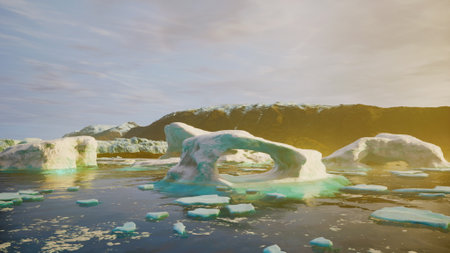Glistening ice formations float in calm waters, illuminated by a golden sunset. Majestic mountains rise in the background, creating a surreal and ethereal landscape.の写真素材