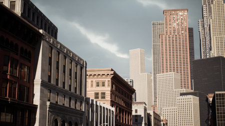 Skyscrapers dominate the skyline as clouds gather above. People walk along the busy streets, surrounded by a blend of modern and classic architecture in the city.の写真素材