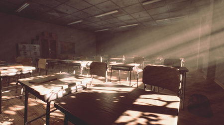 Golden sunlight pours through the classroom windows, casting long shadows across the empty desks. The serene atmosphere hints at stories once shared within these walls during afternoon lessons.の写真素材