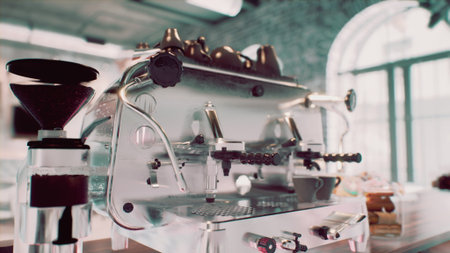 In a warm and inviting cafe, a modern espresso machine stands proudly as baristas prepare fresh coffee. Soft light filters through large windows, enhancing the aromatic atmosphere.の写真素材