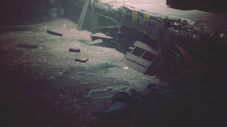 In a dimly lit alley, shadows dance on the uneven ground. Discarded objects tell stories of forgotten moments, while the atmosphere holds a sense of mystery and intrigue.の写真素材