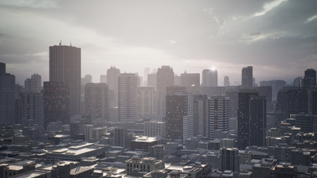 Tall buildings stretch towards the sky in a bustling city. A soft light filters through the clouds, creating a sense of calm amidst urban activity. Early morning brings a serene atmosphere.の写真素材