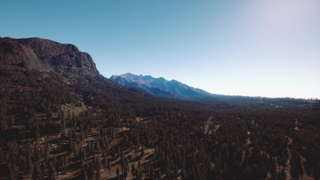 Vast forests stretch beneath towering mountains as the sun shines brightly in a clear blue sky. Nature thrives in this serene wilderness, inviting exploration and adventure.の写真素材