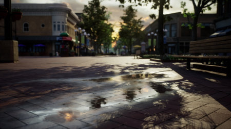 A serene urban street captured at sunset, where colorful light reflects on wet pavement. The tranquil atmosphere invites exploration amid trees and benches lining the path.の写真素材