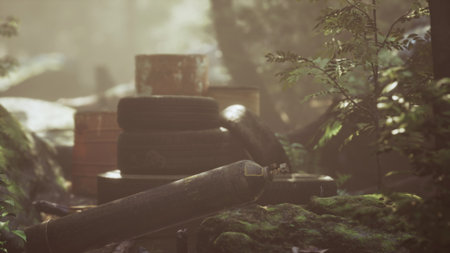 Amidst the dense forest, old tires and rusty containers rest quietly on the ground. Sunlight filters through the trees, casting a warm glow on the forgotten relics of the past.の写真素材