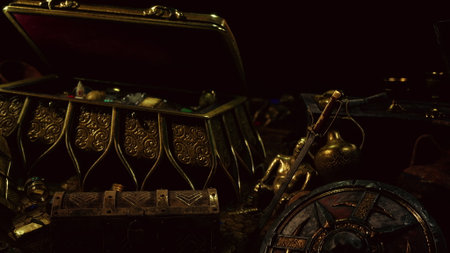 Gold coins and glittering jewels spill from an ornate treasure chest. Surrounding artifacts hint at a storied past, illuminated by soft, mysterious lighting in a shadowy setting.の写真素材