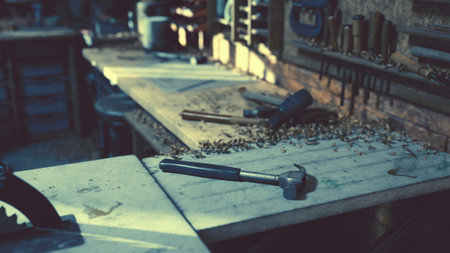 Sunlight streams into a rustic workshop, illuminating a wooden table covered with tools and sawdust....