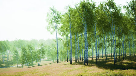 A peaceful scene unfolds in a lush birch forest where sunlight dances through vibrant green leaves. Soft grass sways in the breeze, inviting calm and reflection in natures embrace.の写真素材