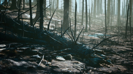 The sun begins to rise over a misty, dried landscape filled with thin trees and fallen branches. A...