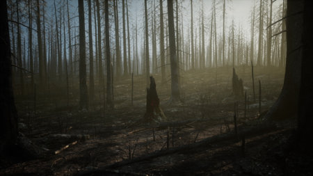 In a somber scene, lifeless trees stand tall against a fading light. The ground is scattered with ash and burned remnants, highlighting natures struggle after a devastating fire.の写真素材