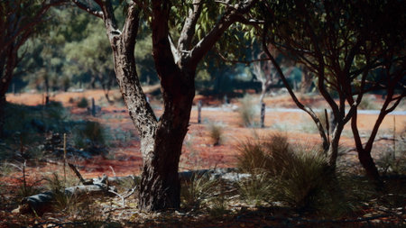 In a serene setting, sunlit trees stand amidst vibrant red soil and green grasses. The peaceful landscape invites quiet reflection and connection with nature.の写真素材