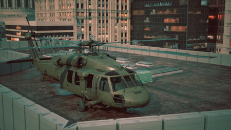 A military helicopter prepares to land on a high rise building rooftop, surrounded by towering structures.の写真素材