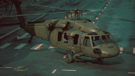 A rugged military helicopter is positioned on a bustling urban landing pad as the sun sets, casting a dramatic glow on the citys skyline.の写真素材