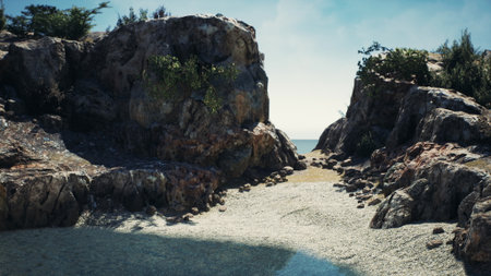 A peaceful coastal scene features rugged cliffs framing a soft pebble beach. The calm waters reflect sunlight, creating a tranquil atmosphere under a clear blue sky.の写真素材