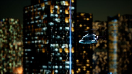 A helicopter gracefully navigates through the night sky above a bustling city. Towering buildings twinkle with countless lights, creating a dazzling urban landscape.の写真素材