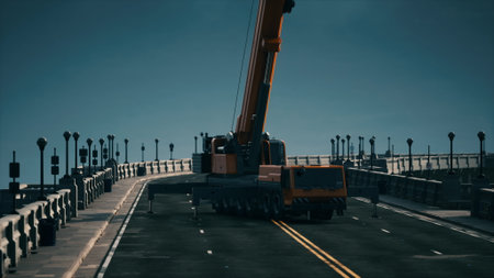 A large crane is positioned on a bridge, working on a construction project. The bright blue sky contrasts with the machinery, creating a striking scene in the bustling city.の写真素材