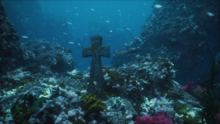 Beneath the ocean surface, a weathered stone cross stands among vibrant coral formations. Schools of fish swim nearby, while soft sunlight illuminates this serene underwater scene.の写真素材