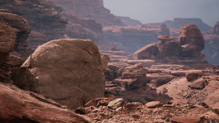 Wanderers traverse the stunning desert terrain, surrounded by towering rock formations and rugged cliffs. The atmosphere is serene, with a soft haze enveloping the scene.の写真素材