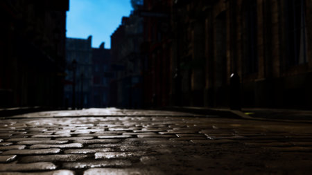 Reflections shimmer on wet cobblestones as twilight descends over a quiet street. Shadows loom from the old buildings, hinting at stories untold in this serene urban setting.の写真素材