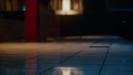 In a dimly lit alleyway, tiles reflect shimmering lights from nearby buildings. The atmosphere is calm and mysterious, inviting curiosity into the stillness of the night.の写真素材