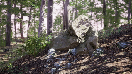 In a serene forest, a large rock is illuminated by soft sunlight, surrounded by vibrant trees and scattered stones, creating a tranquil atmosphere of natures beauty.の写真素材