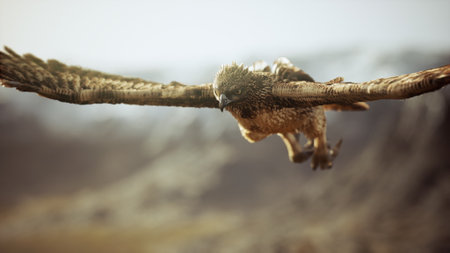 A powerful eagle glides effortlessly through a stunning mountain landscape during sunset. Its wings are spread wide, showcasing strength and freedom in the golden light of dusk.の写真素材