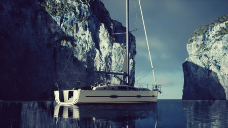 A sleek sailboat rests on calm waters surrounded by towering cliffs. The atmosphere is tranquil, with dark clouds looming overhead, creating a striking contrast against the scenery.の写真素材