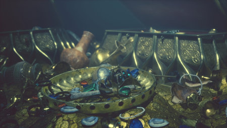 Colorful jewels and ancient artifacts lie scattered among gold coins deep within an underwater cave. The treasures hint at stories from a long lost civilization and a mysterious past.の写真素材