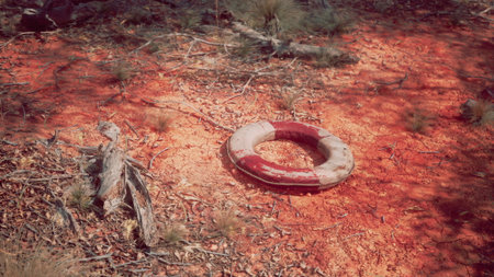 In a quiet red desert landscape, a weathered lifebuoy lies abandoned on the sandy ground. Sunlight casts shadows on the rough terrain, surrounded by sparse vegetation.の写真素材