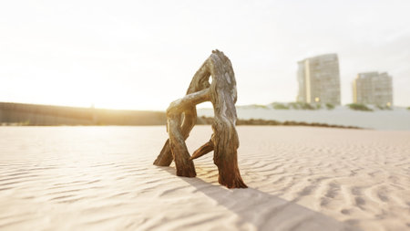 A unique wooden sculpture rises from the soft sand on a beach as the sun sets. The warm glow casts shadows while nearby buildings add context to this serene coastal scene.の写真素材
