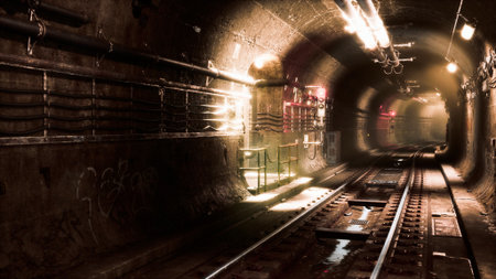 In a dimly lit subway tunnel, rusty tracks stretch into the distance. Light spills from overhead fixtures, illuminating graffiti covered walls and creating an eerie atmosphere of urban exploration.の写真素材