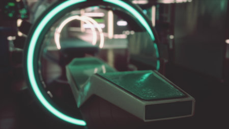 In a sleek and modern environment, a glowing circular structure surrounds a futuristic platform. Soft lighting creates an atmosphere of innovation and serenity.の写真素材