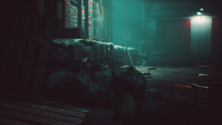 An eerie alleyway shrouded in mist presents a scene of neglected trash bags and worn wooden pallets....