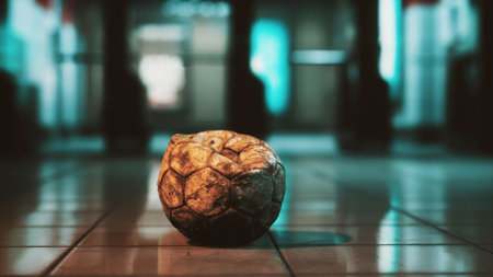 A worn soccer ball lies abandoned on the cool tiled floor of a quiet corridor. Soft light casts shadows while the surrounding space feels still and nostalgic, evoking memories of play.の写真素材