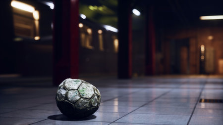 A worn soccer ball lies abandoned on the tiled floor of a dimly lit subway station. The atmosphere is quiet, with shadows cast by overhead lights creating an eerie yet serene setting.の写真素材
