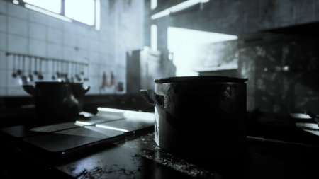 Sunlight filters through a window in an old kitchen, casting shadows on the worn surfaces. Pots sit quietly on a dark countertop, hinting at meals prepared and memories made in this space.の写真素材