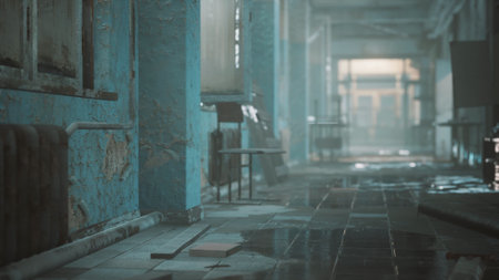 Dust settles on the cracked floors of a once bustling building, with peeling blue walls and empty chairs lining a dimly lit corridor. Water puddles reflect the remnants of forgotten history.の写真素材