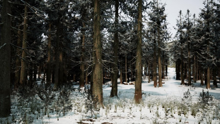 Snow blankets the quiet forest floor, creating a serene winter scene. Tall evergreen trees are dusted with white, while soft light filters through, enhancing the peaceful atmosphere.の写真素材