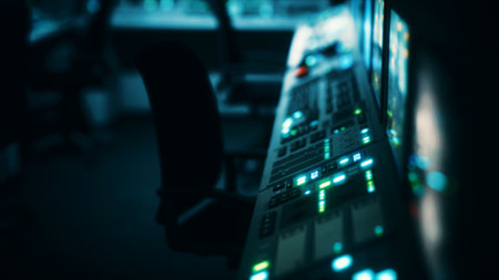 In a dimly lit control room, a desk is filled with glowing buttons and screens. The atmosphere is tense and focused as technology hums softly in the background during late hours.の写真素材
