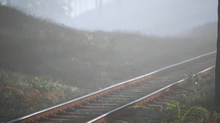 In the early morning, soft fog blankets the tranquil train tracks, creating a peaceful scene. Lush...