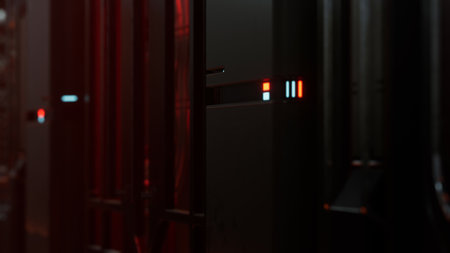 In a dimly lit server room, red lights blink on sleek metal cabinets. Wires connect numerous...