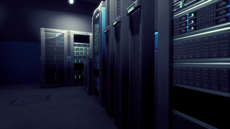 Rows of sleek servers with glowing blue lights create a futuristic atmosphere in a dark server room....
