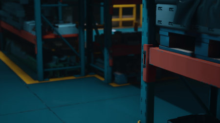 Brightly lit storage area features tall metal shelves stacked with various tools and supplies, optimizing space for efficient organization and preparation for future projects.の写真素材