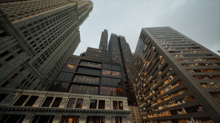 Tall buildings tower over the city, showcasing modern architecture against a lightening sky. Windows glow warmly as evening approaches, creating a lively urban scene.の写真素材