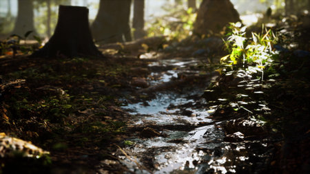 A clear, winding stream trickles through a peaceful forest glade. Sunlight filters through tree branches, illuminating vibrant green plants and casting gentle shadows on the forest floor.の写真素材