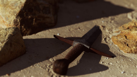 A rustic sword lies on the ground surrounded by rugged stones, bathed in golden sunlight. The scene suggests a forgotten battlefield, evoking a sense of history and adventure.の写真素材