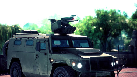A rugged military vehicle stands ready in a sunlit area, featuring a mounted weapon system....