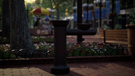 A charming water fountain is featured in a lively city park. Colorful flowers surround the fountain, and a warm golden light casts a serene ambiance. Nearby, people enjoy the evening scene.の写真素材