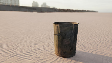 A lonely rusty trash can rests on the smooth sand of an empty beach. Soft waves lap at the shore as the sun sets, casting warm hues across the scene. Soft footprints trail behind.の写真素材